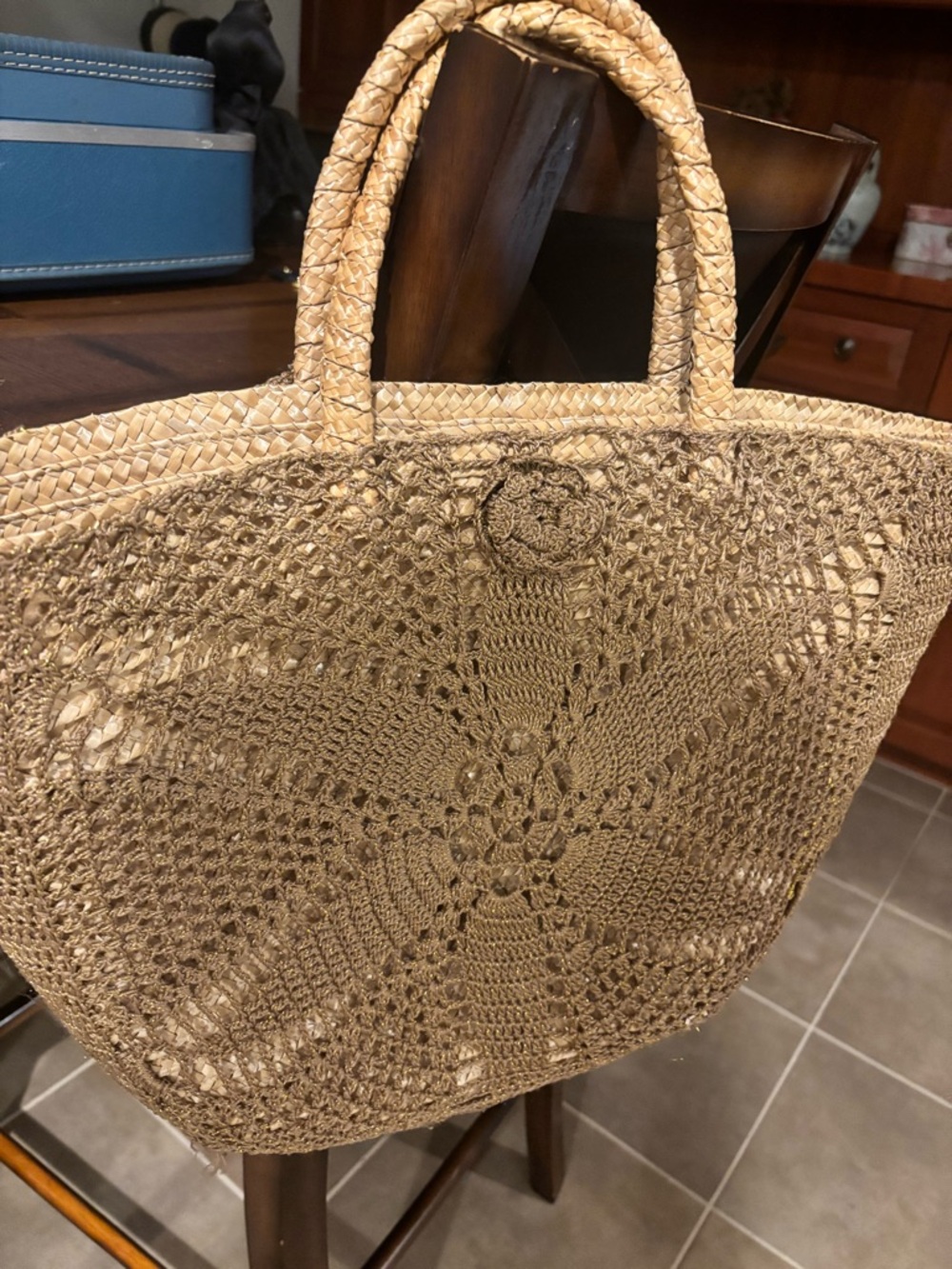 Coldwater Creek Gold Wicker Handbag Straw Crocheted Beach Bag Tote Double handle - Picture 6 of 7